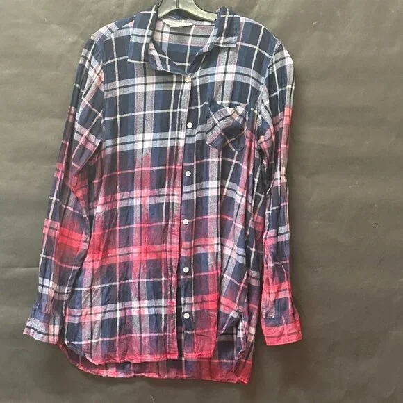 Old Navy Size Large Plaid Shirt Red Grunge Tie Dyed Tunic Window Pane Blue - Picture 3 of 6